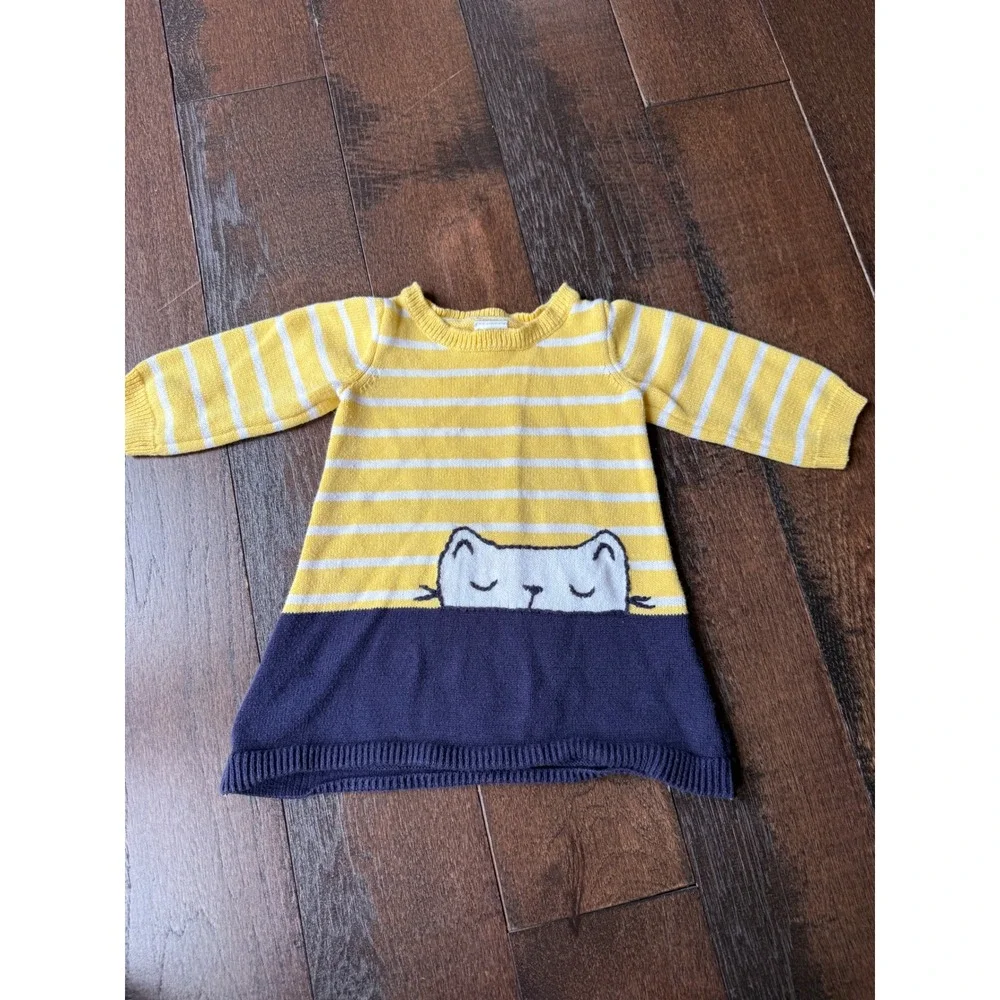 Gymboree Baby Girls Yellow Striped Cat Sweater Dress 6-12 Months Navy Blue Knit